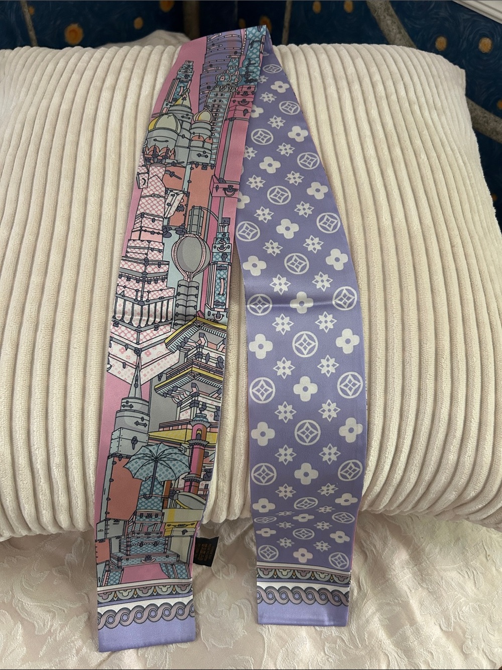 Silk Feeling Double Sided Twilly or Scarf in Pink, White & Lavender Print